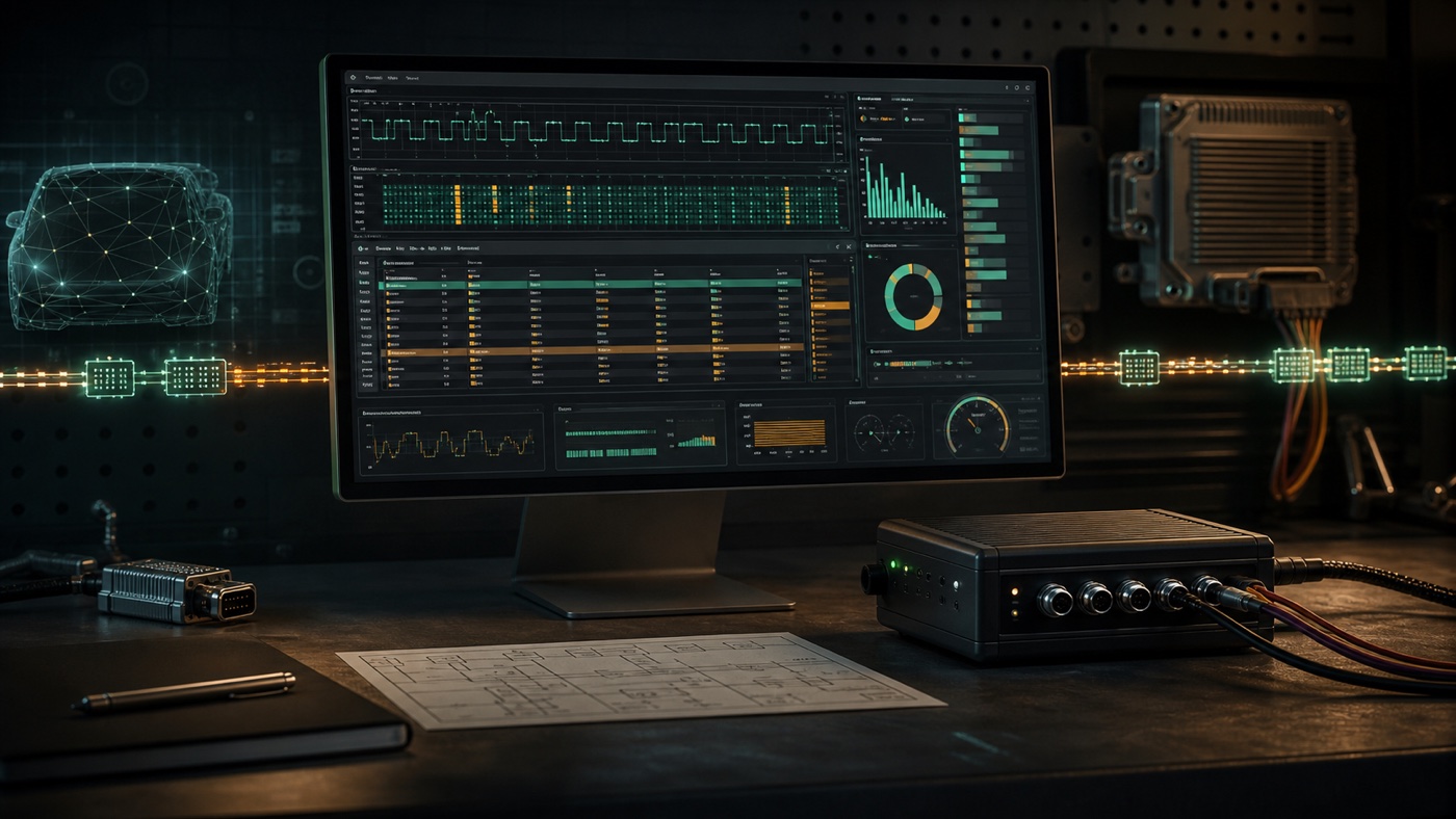 Ingenieur-Workstation mit Visualisierung von CAN-Bus-Verkehr und eingebetteten Netzwerksignalen